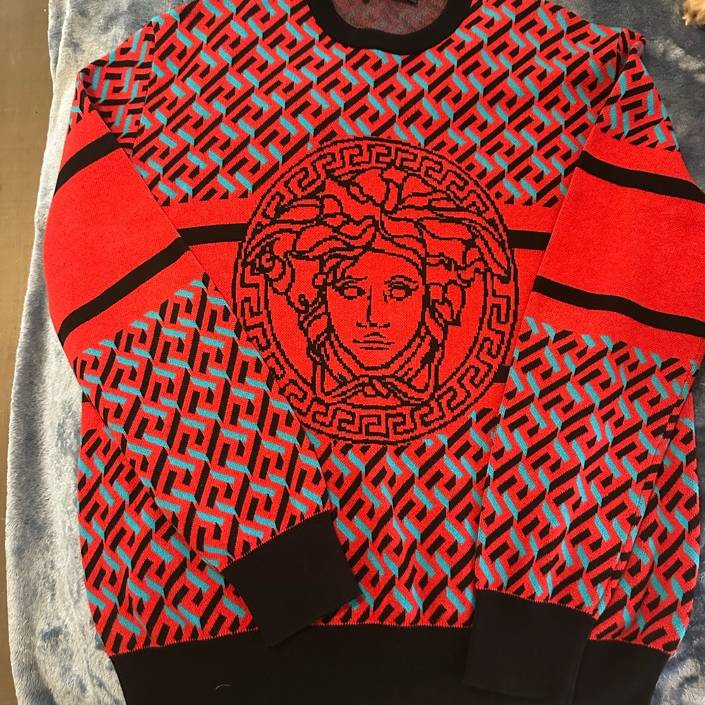 Versace Red and Black Crewneck Sweater with Geometric Pattern